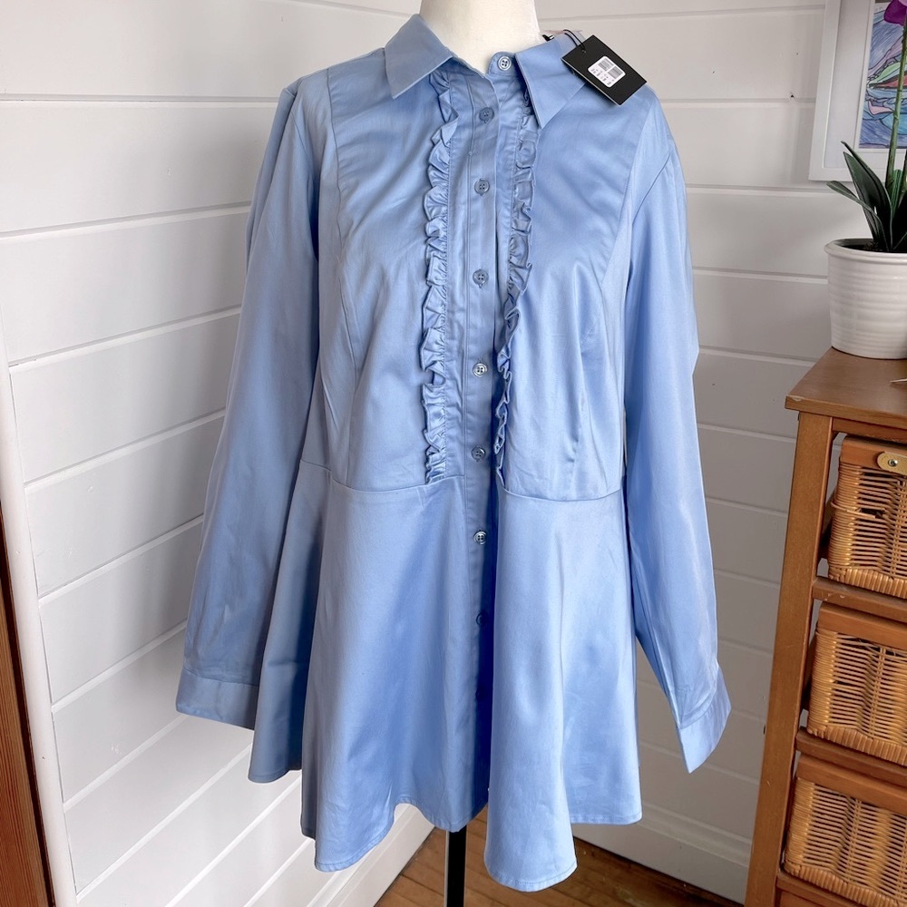 🆕 Michel Studio Collection blue button down top w/ruffles, ladies size 16, NWT
